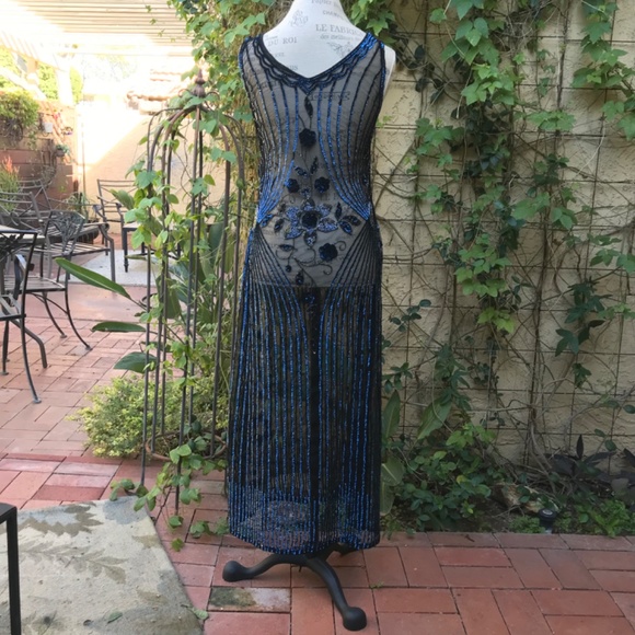 🎉HP🎉 European Flapper Dress 20’s Gatsby Mesh Sequins Sapphire Onyx Color… - Picture 9 of 12